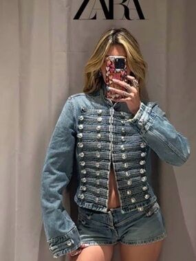 🔥🔥ZARA Light Blue Military-Style Denim Jacket